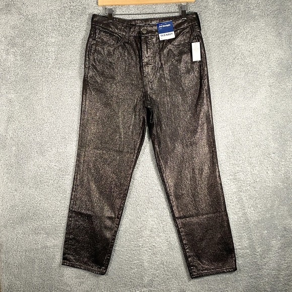 Old Navy High Rise OG Straight Ankle Black Shine Jeans Size 8 Festive Party - Picture 1 of 15
